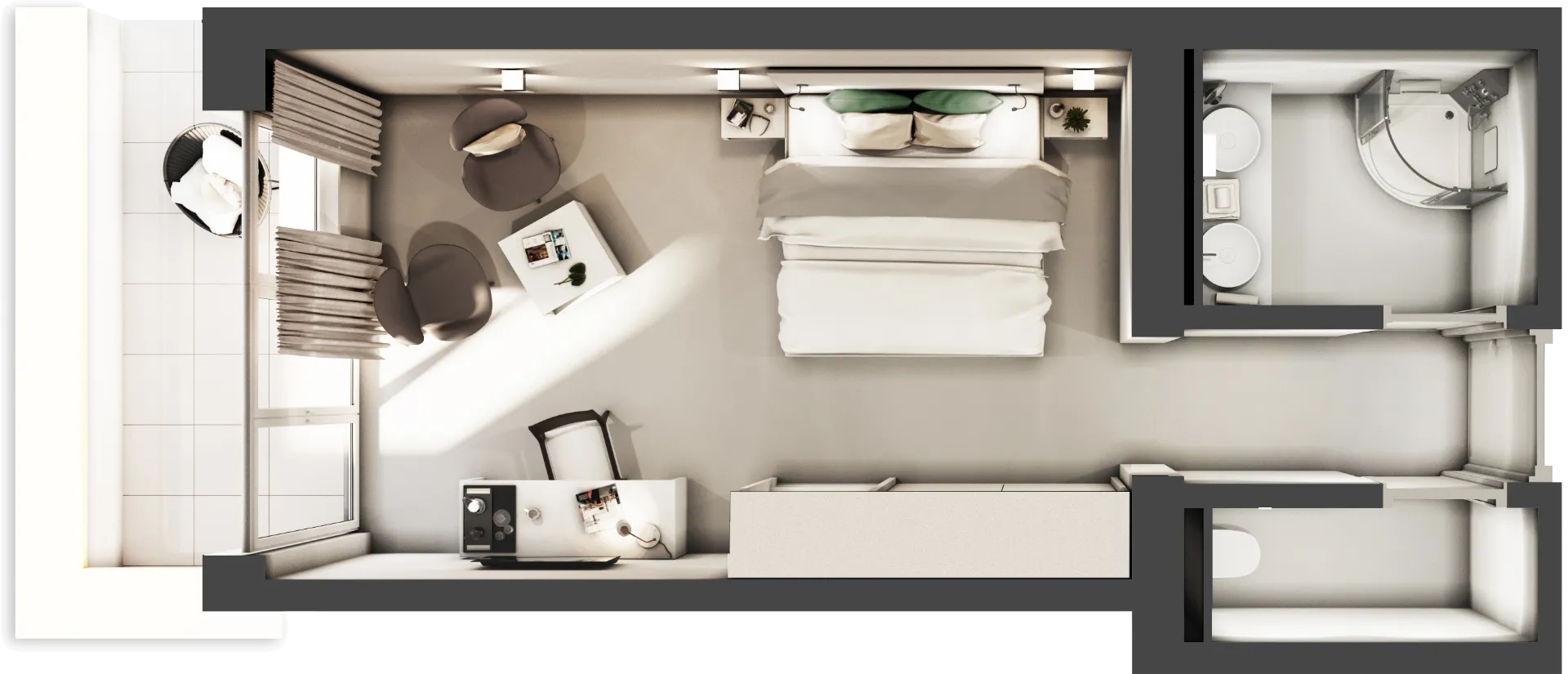 Hotelzimmergrundriss mit Bad und Balkon