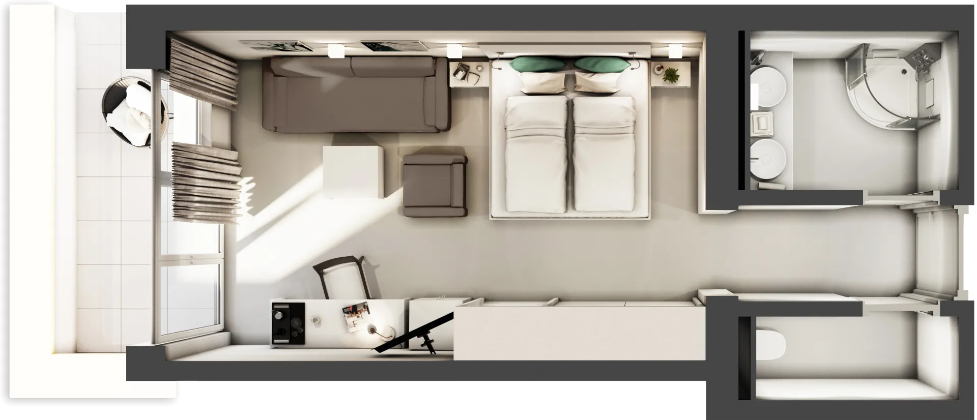 Moderne Einzimmerwohnung mit Bad und Möbeln von oben