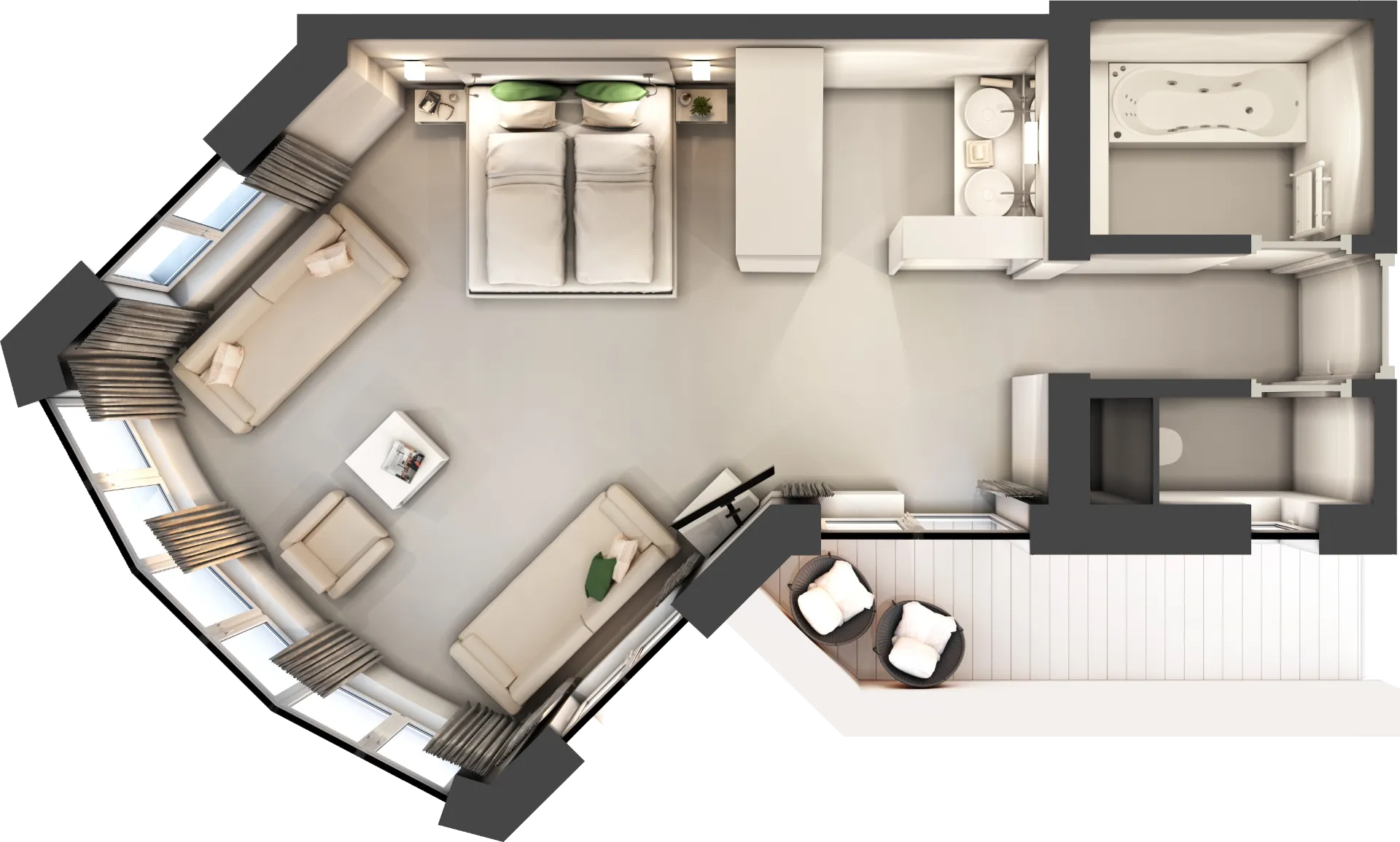 Apartment-Grundriss mit Balkon und Bad, Draufsicht.