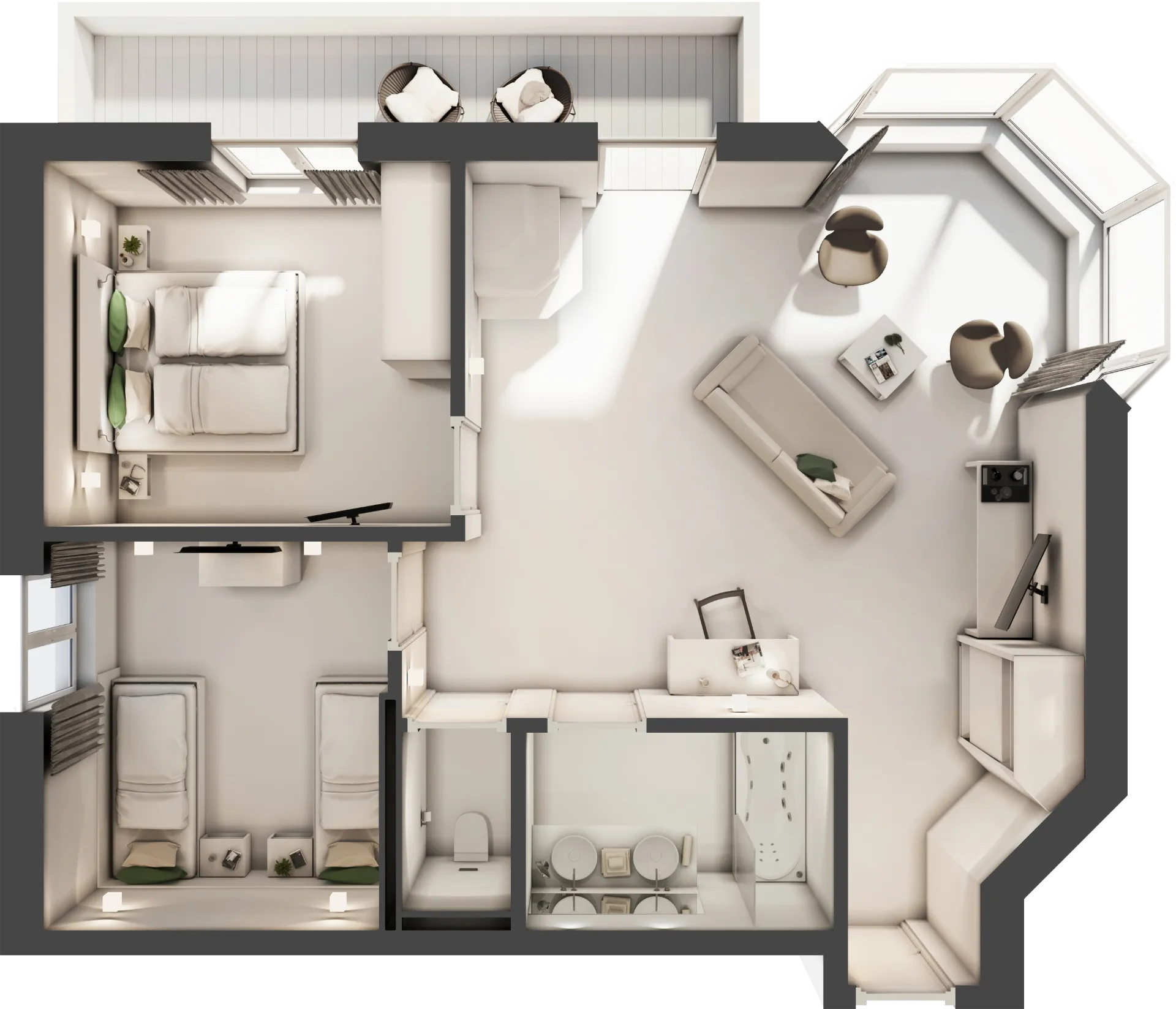 3D-Wohnungsgrundriss mit zwei Schlafzimmern und Balkon.
