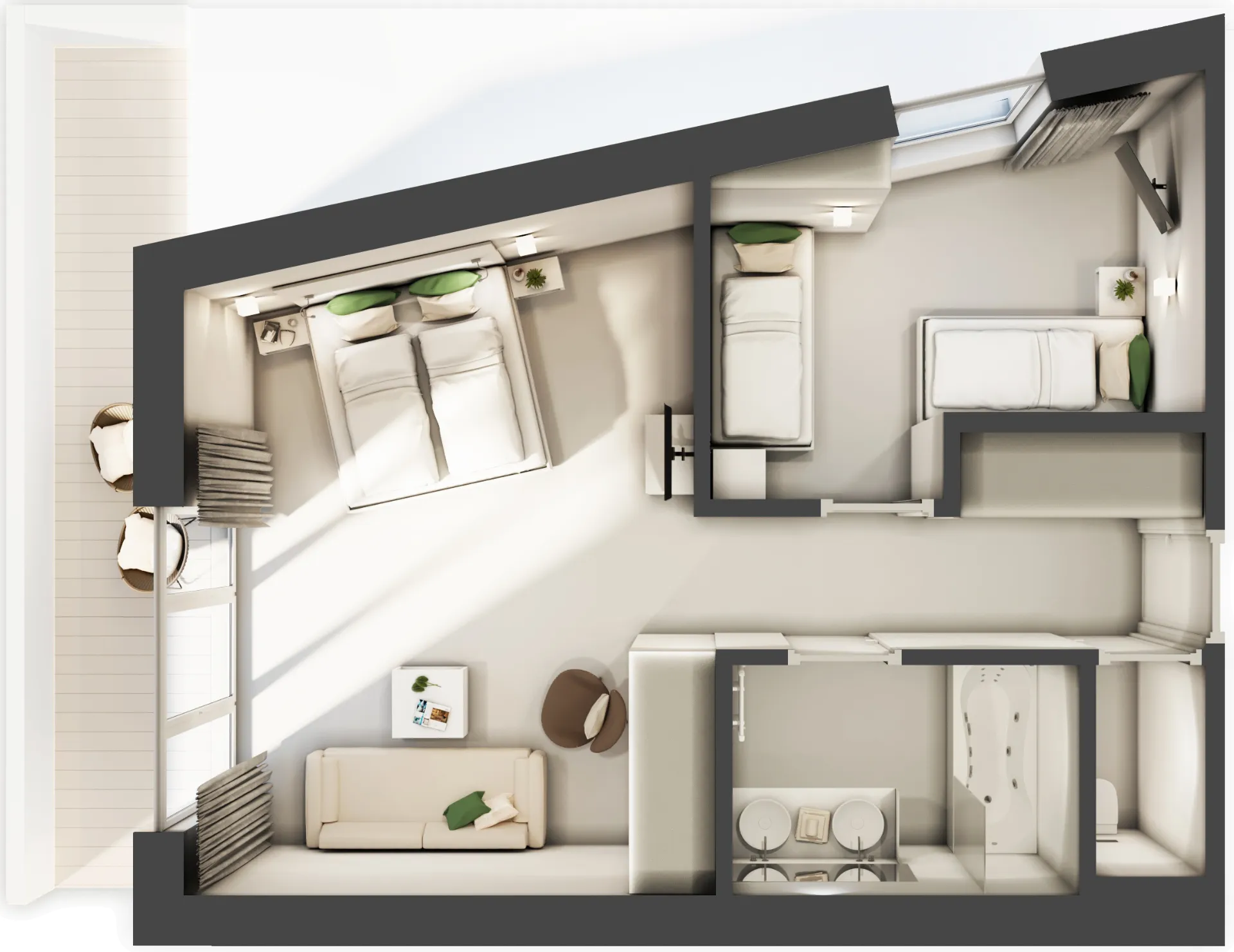 Wohnung Grundriss mit Schlafzimmer, Wohnzimmer und Bad