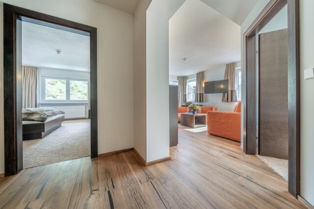 Moderner Wohnungsflur mit Wohnzimmer und Schlafzimmeransichten