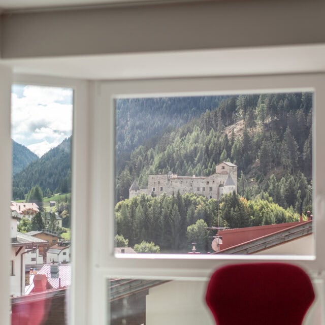 Blick aus Fenster auf Schloss und Wald