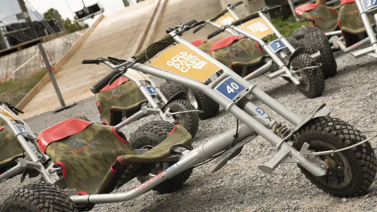 Mehrere Mountaincarts auf Schotterweg geparkt.