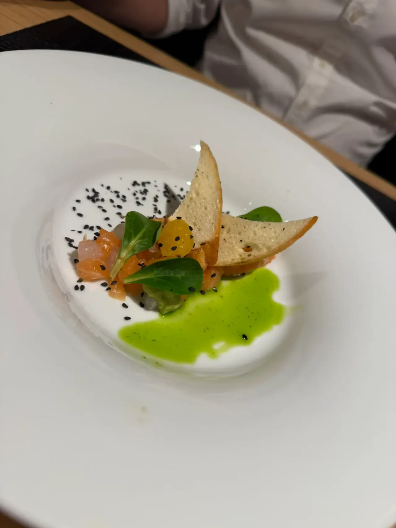 Gourmet-Vorspeise mit Lachs und Brot auf grünem Püree