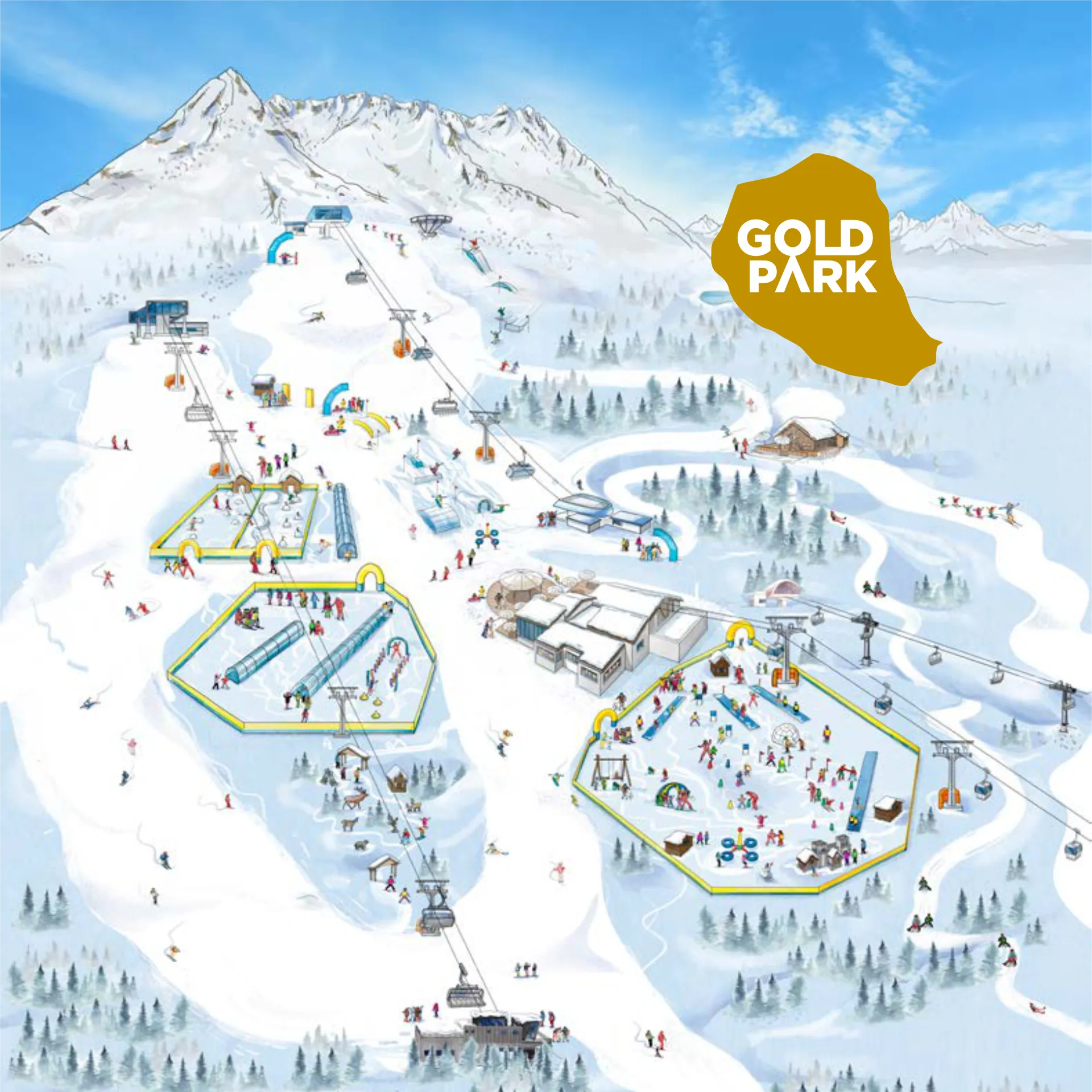 Skigebiet-Karte mit Skipisten und Liften im Winter.