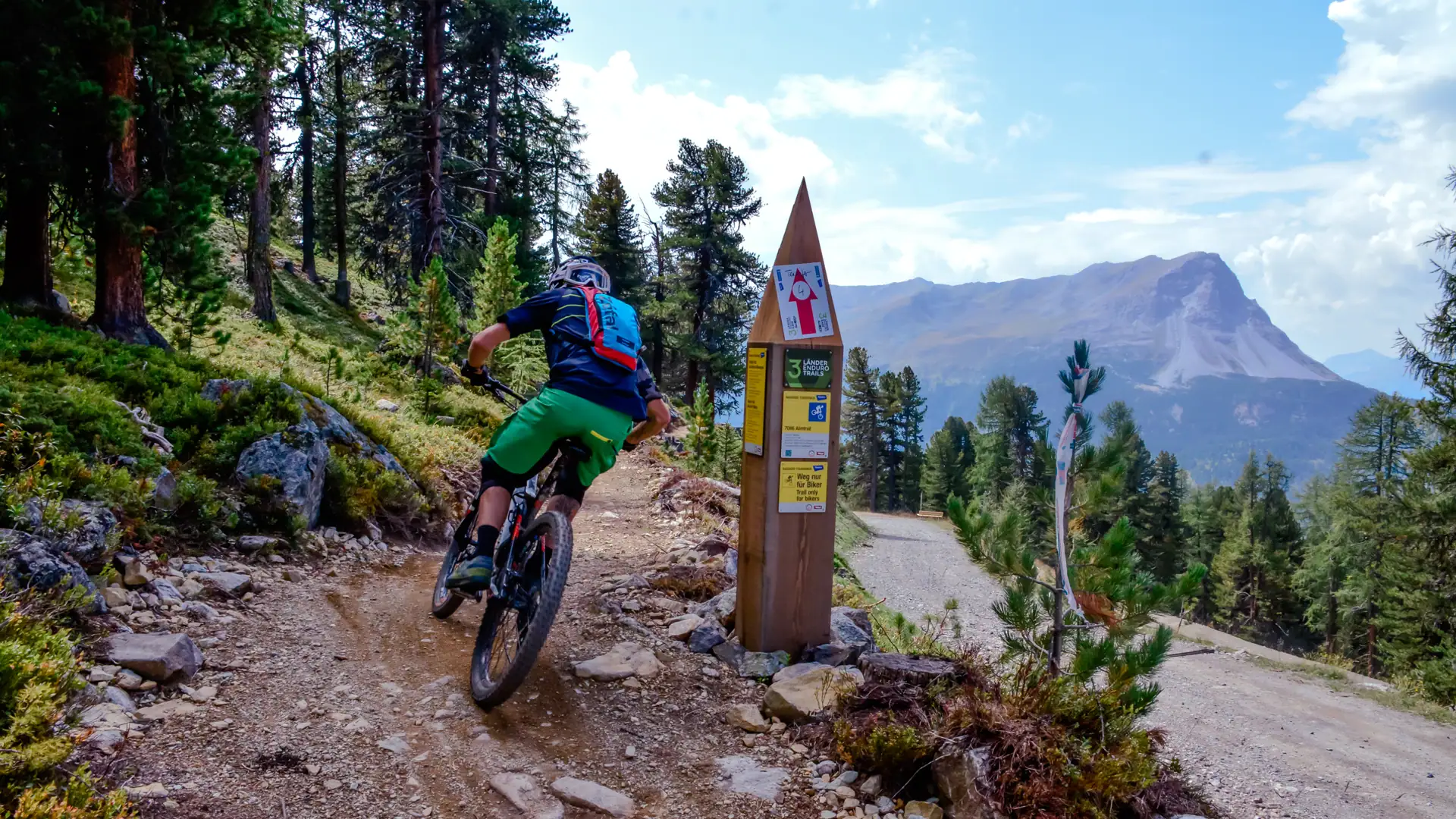 Mountainbiker auf Waldweg in den Alpen