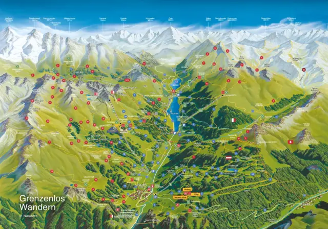 Karte der Wanderwege in Nauders, Alpen.