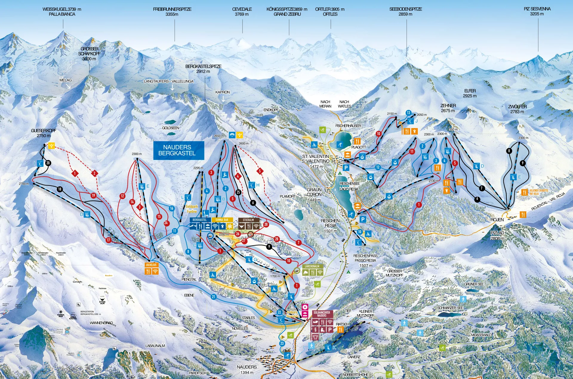 Skigebietskarte Nauders-Bergkastel mit Pisten und Liften.
