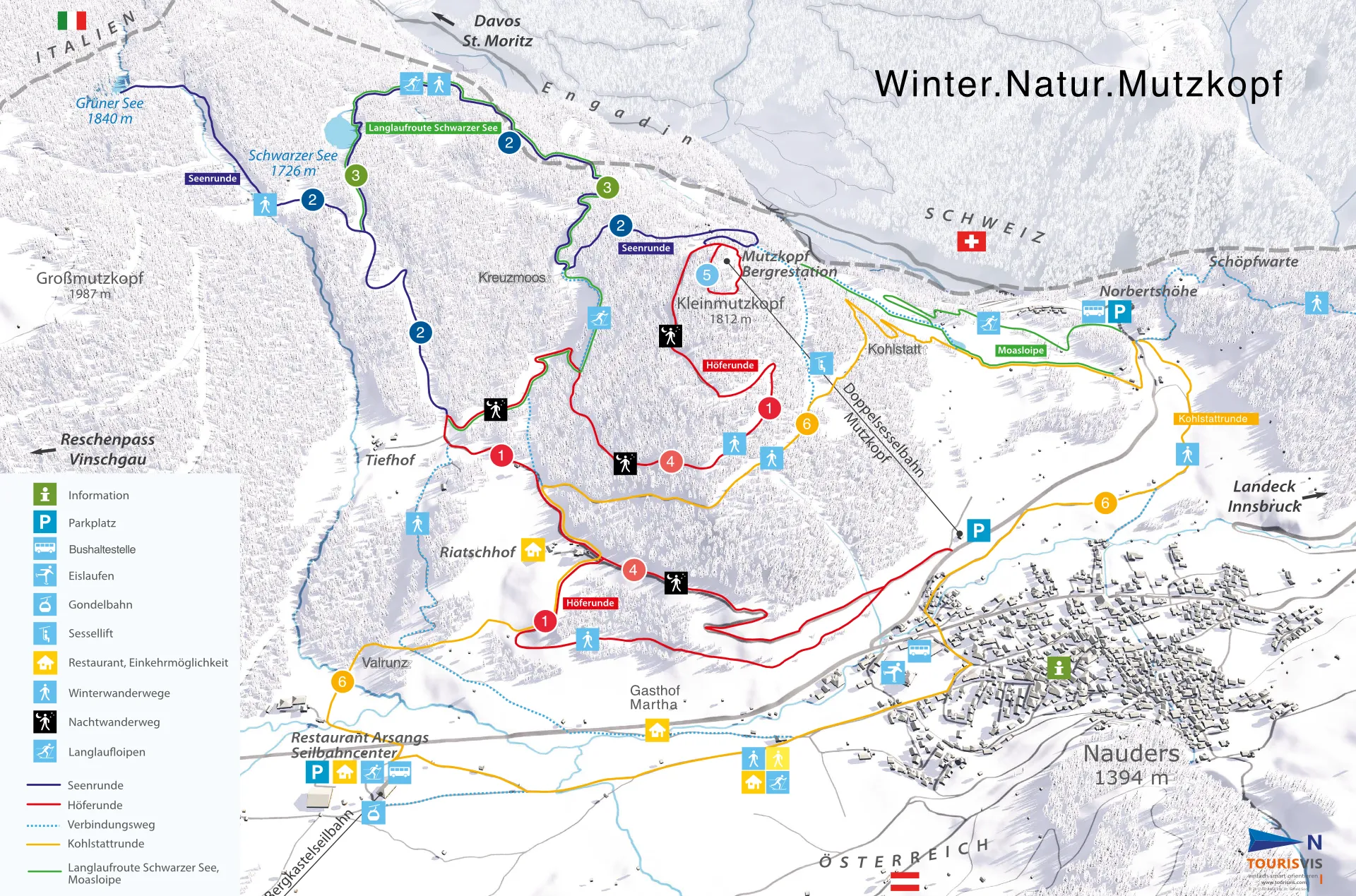 Winterkarte Nauders Mutzkopf mit Wanderwegen und Informationen.