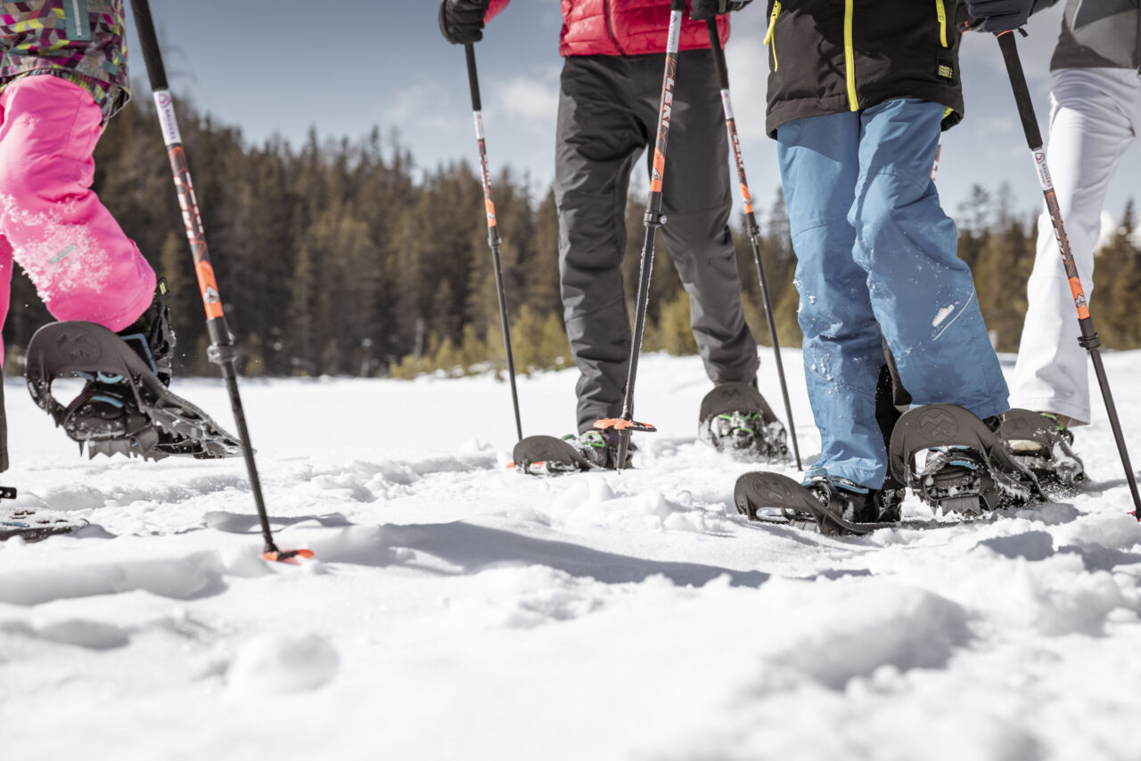 Menschen wandern im Schnee mit Schneeschuhen.