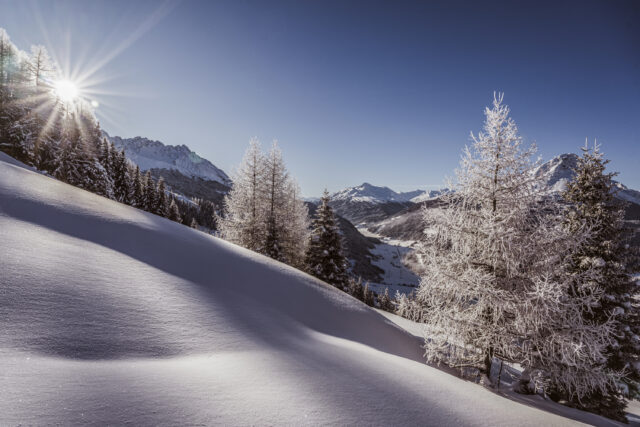 Verschneite Berglandschaft bei Sonnenschein und blauem Himmel.