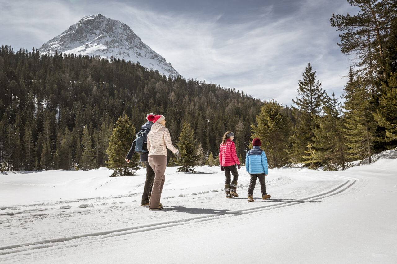 Familie wandert im verschneiten Wald vor Bergkulisse.