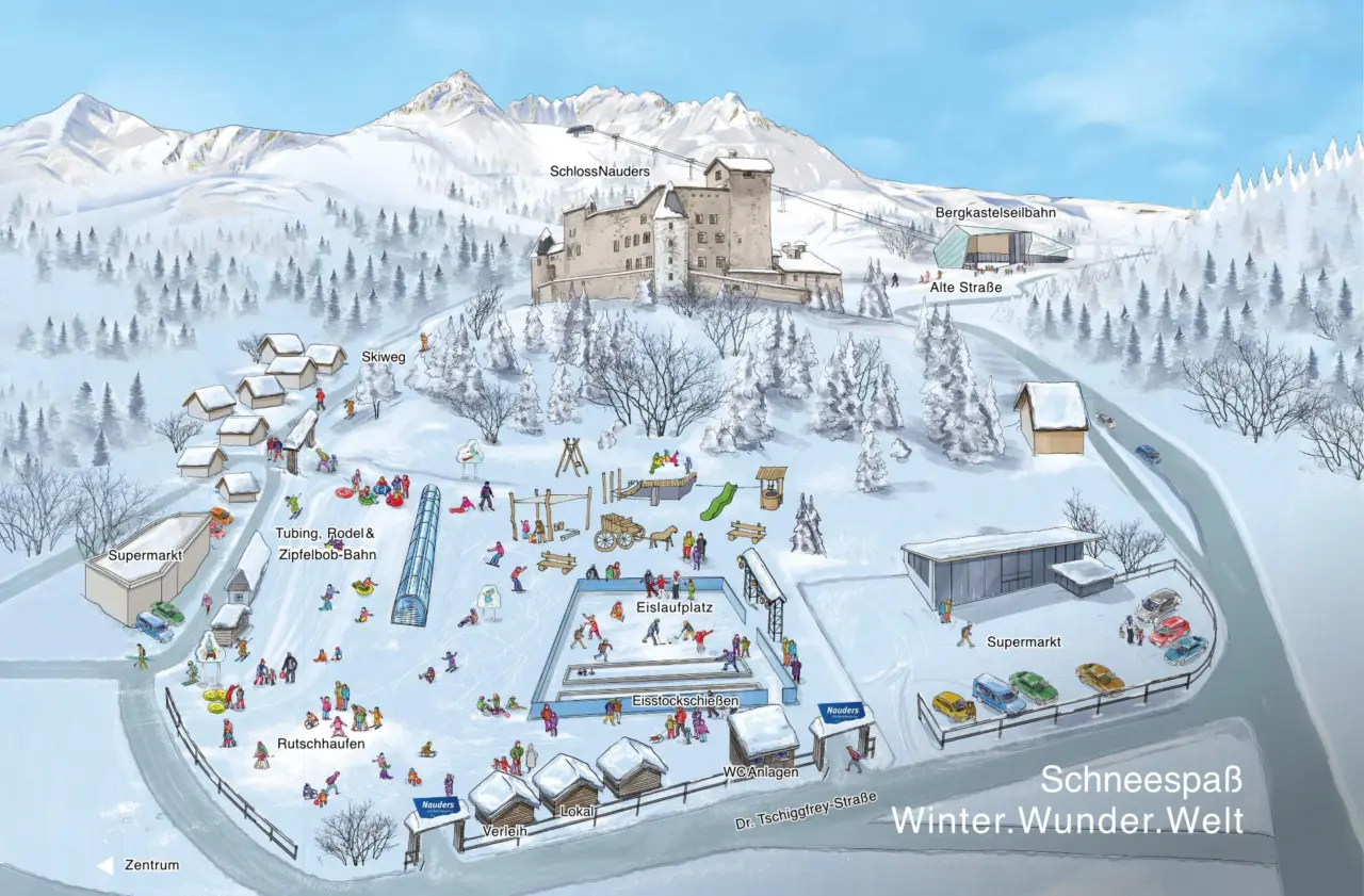 Winterpark mit Burg, Eisbahn und Spielplatz.